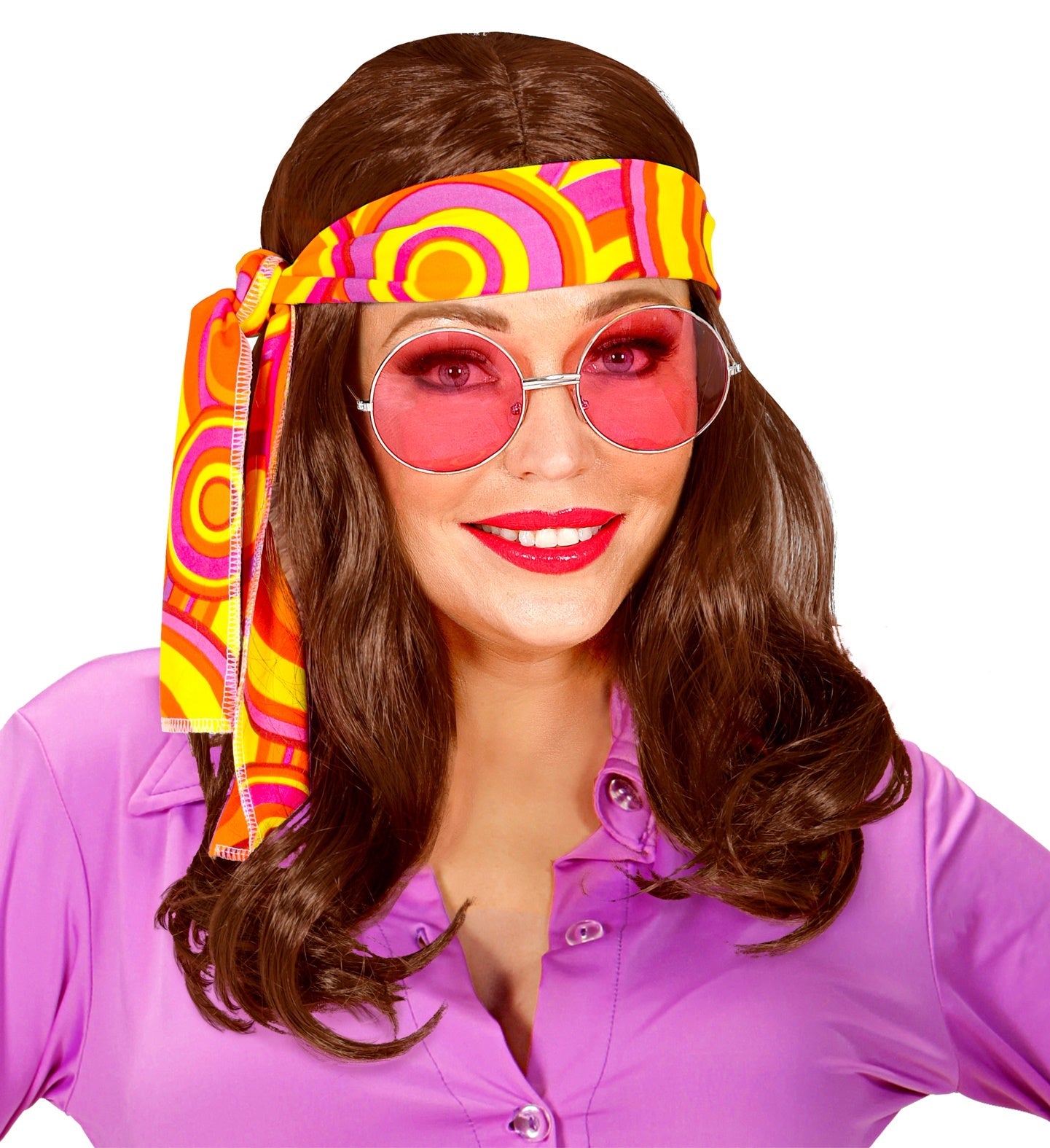 Braune unisex 70er Jahre Disco-Perücke mit Kopfband und vollem, gefiedertem Haar.