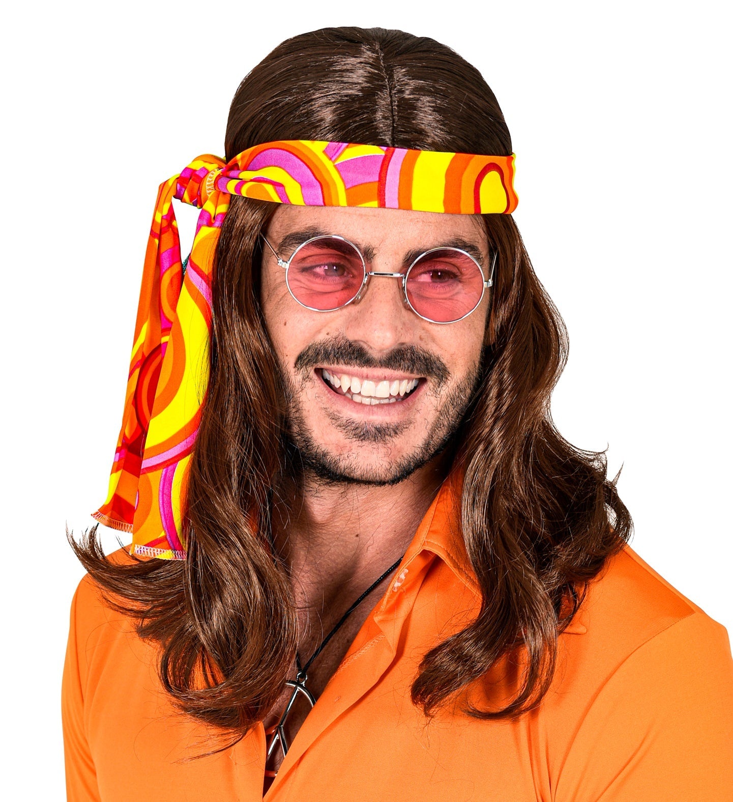 Braune unisex Perücke mit Federlook und dehnbarem Kopfband für 70er Jahre Stil.