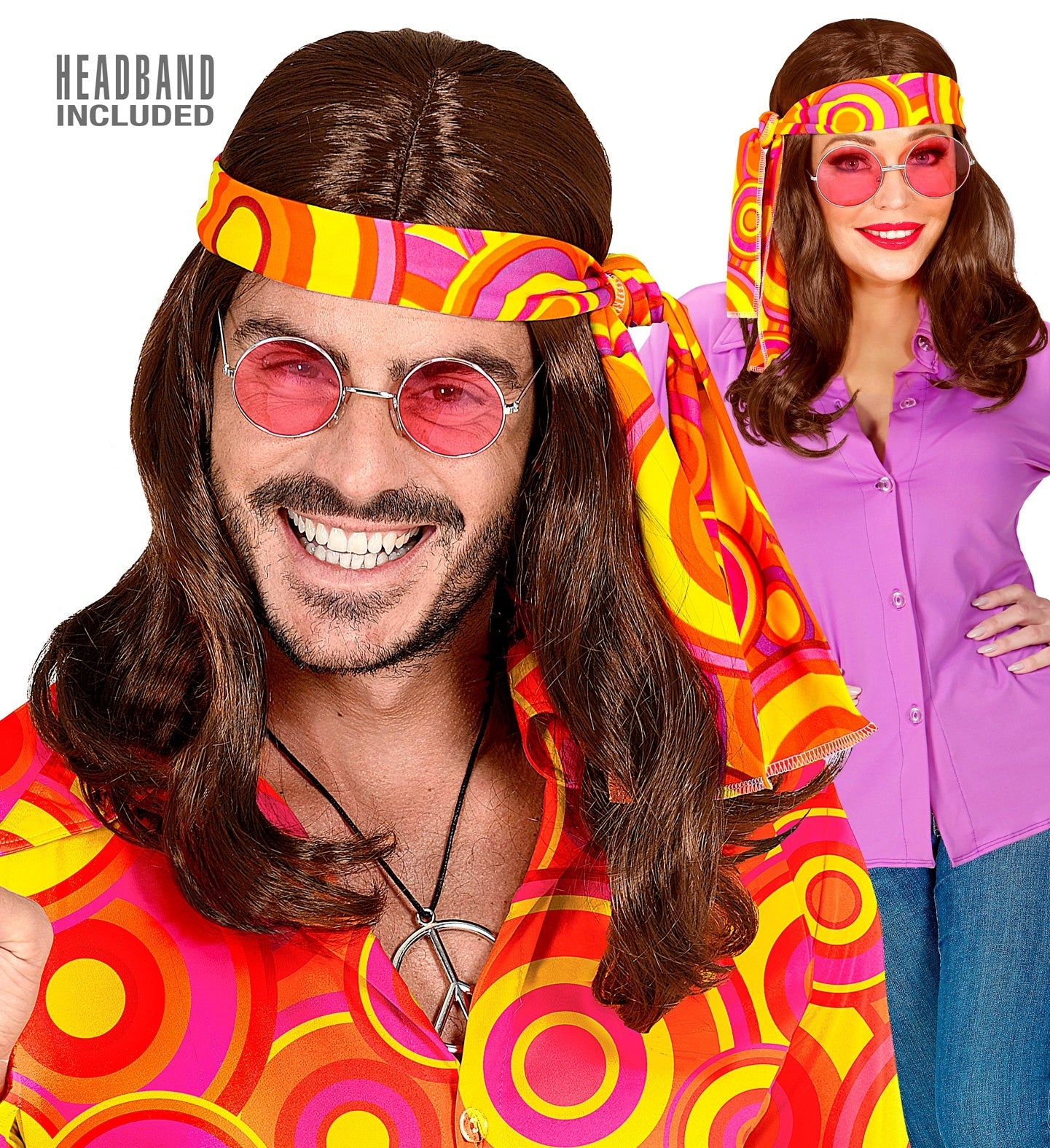 Braune unisex Perücke im 70er-Jahre-Stil mit einem dehnbaren Kopfband.