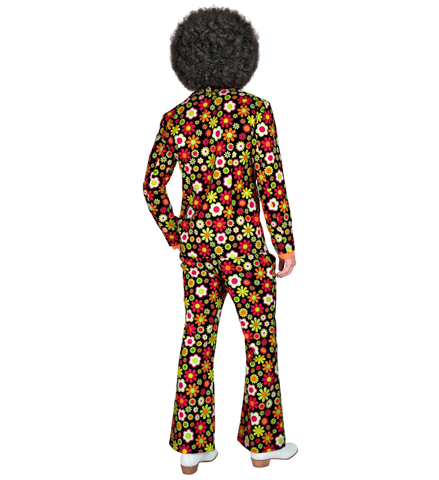 Rear view of a man's 70s floral suit with afro wig, bell-bottom pants, and colorful flower print.