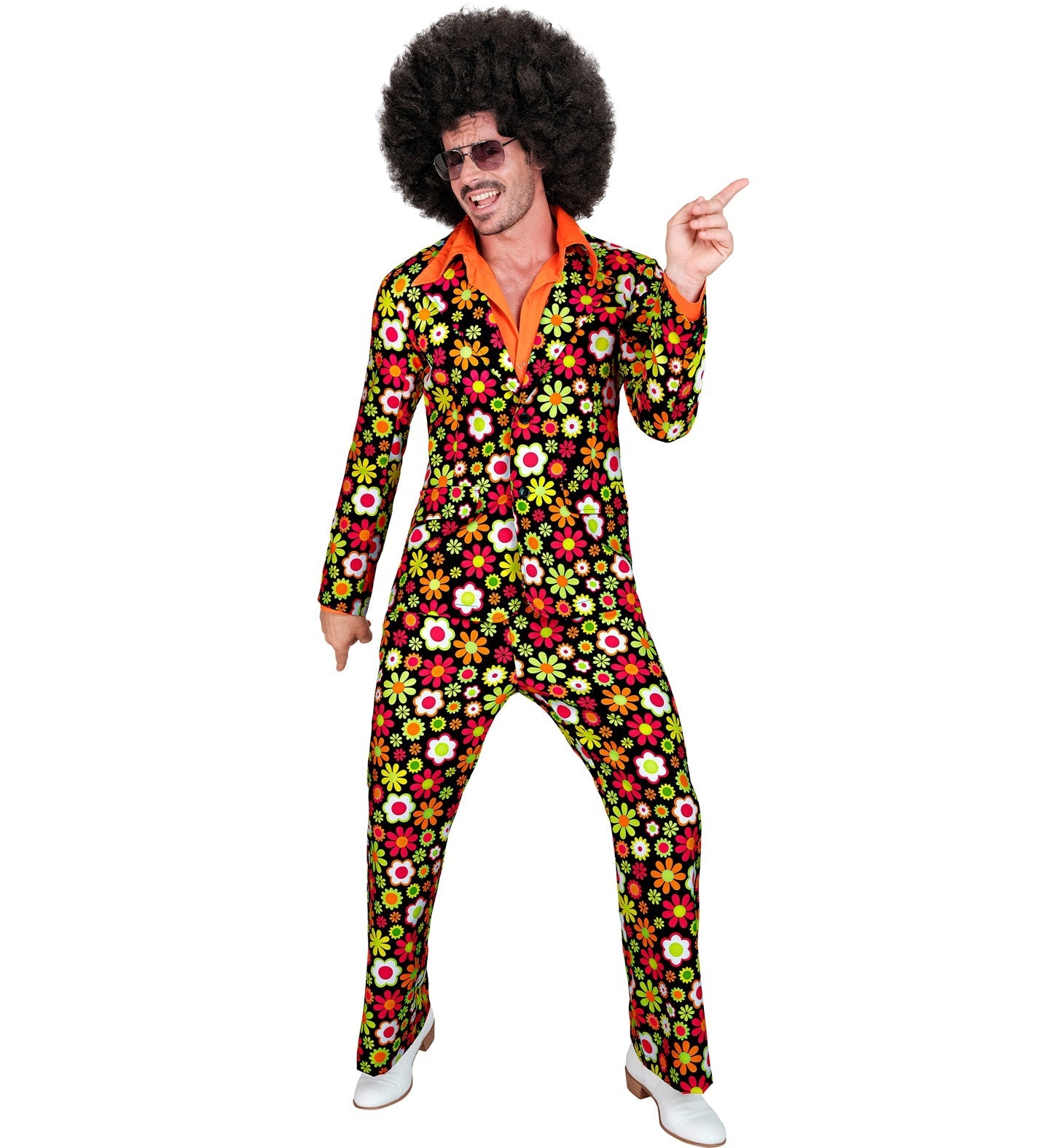 Man in 70s retro disco costume with afro wig, floral suit, and pointing pose.
