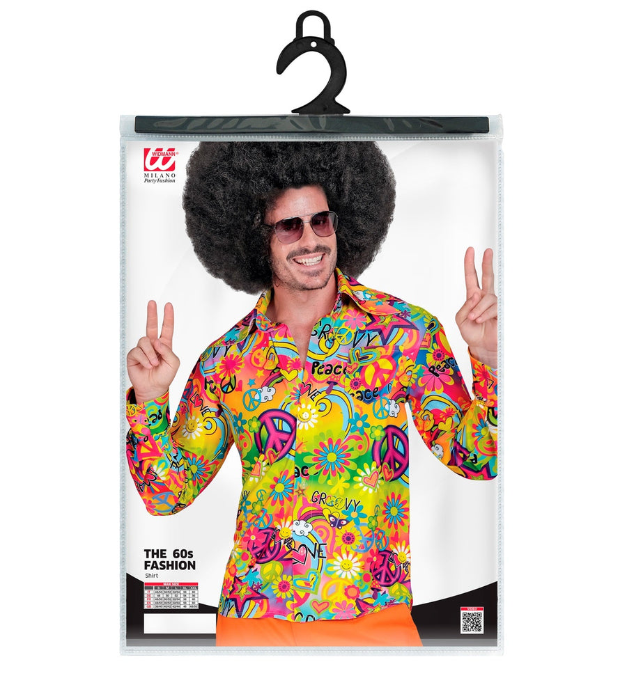 Widmann 70er Jahre Herrenhemd Peace Love mit Blumenmuster und Friedenssymbol – Detailansicht