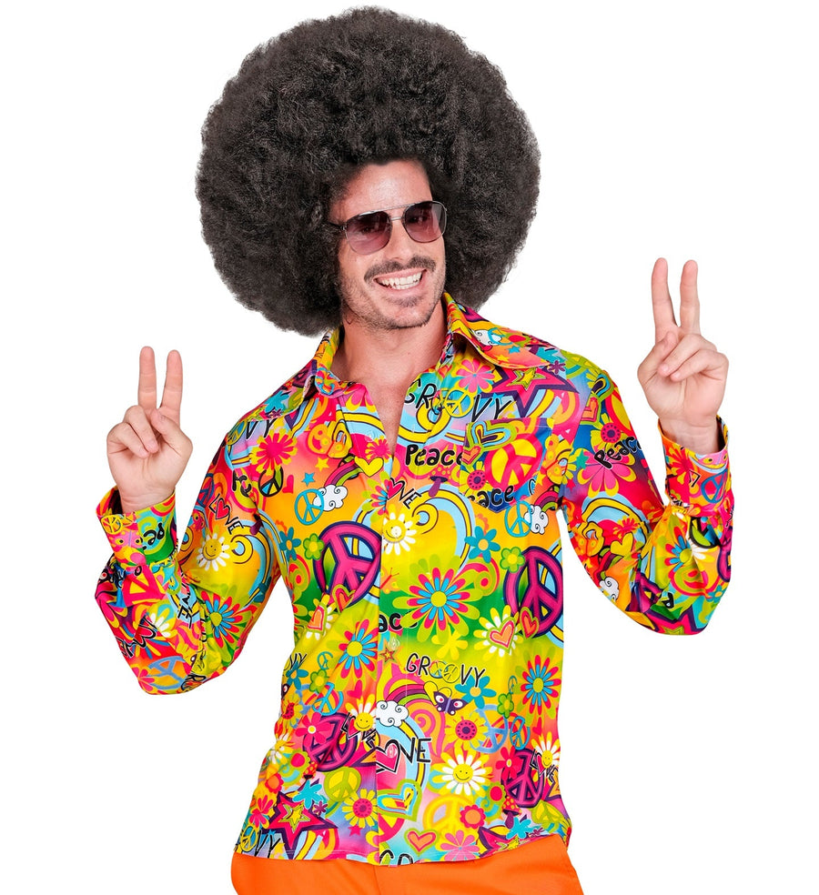 Widmann 70er Jahre Herrenhemd Peace Love mit Blumenmuster und Friedenssymbol – Produktansicht