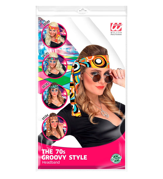 70s hippie headband with colorful bubbles pattern, elastic fit for adults.