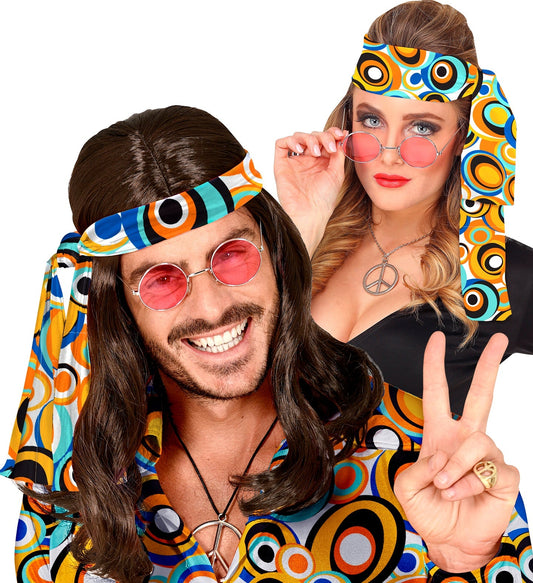 70s hippie headband with colorful bubbles pattern and elastic fit for adults.