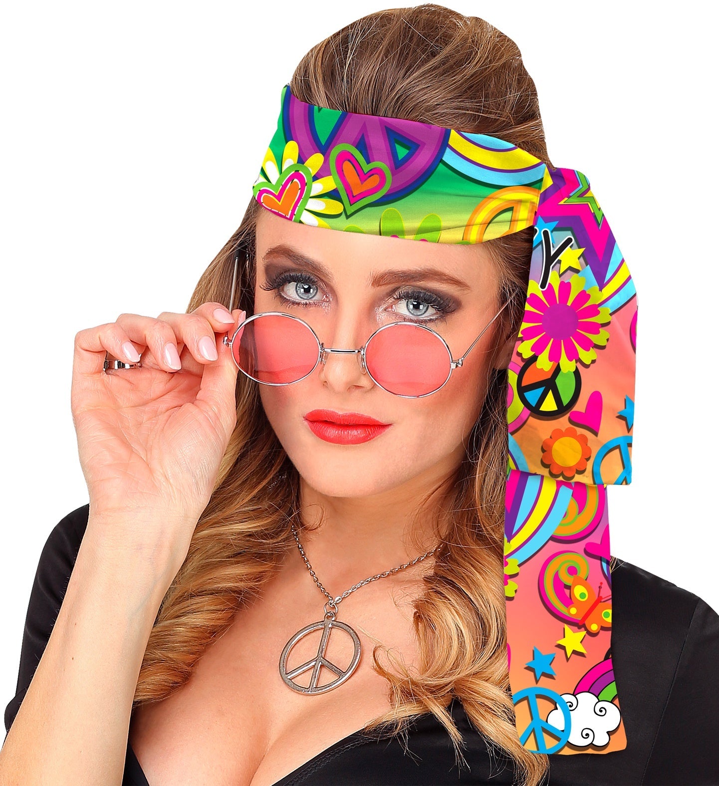 A woman wearing a colorful 70s hippie headband with peace symbols and retro patterns.