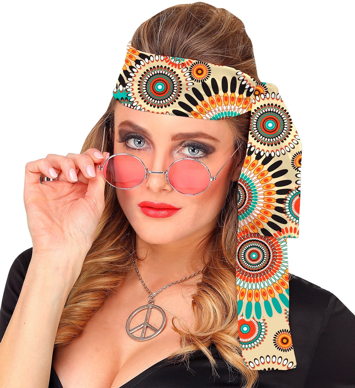 Woman wearing a colorful 70s vintage fabric headband with retro patterns and peace necklace.