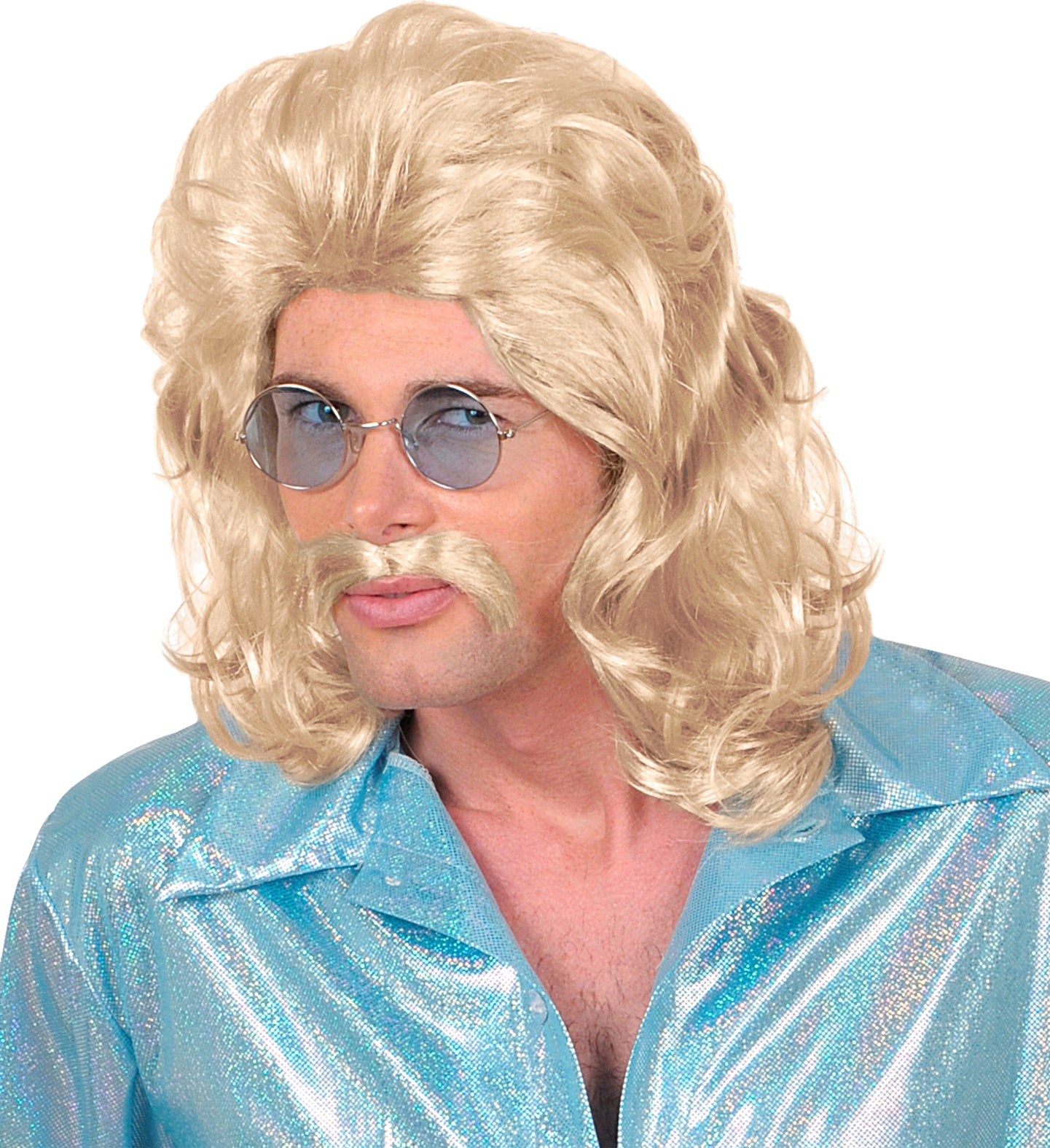 Blonde Perücke mit voluminösem Stil und passendem selbstklebendem Schnurrbart für Männer.