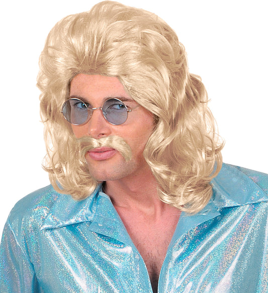 Blonde Perücke mit voluminösem Stil und passendem selbstklebendem Schnurrbart für Männer.