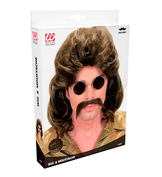 Braune 70er Jahre Perücke mit passendem Schnurrbart im klassischen Shag-Stil.