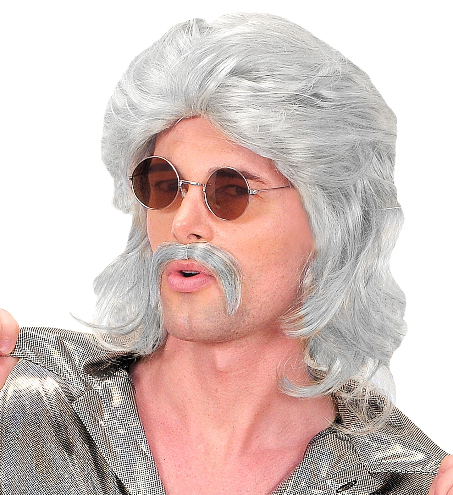 Widmann 70s Disco Perücke & Schnurrbart Set – Grau Larry Retro - Fasnacht24.ch