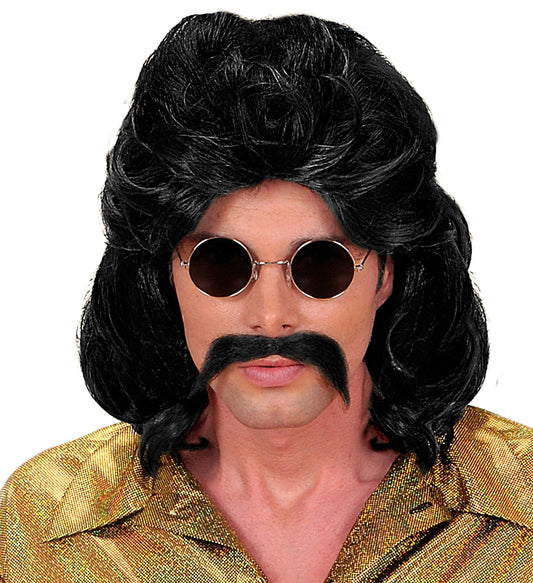 Black 70s disco wig and moustache set for men, with shoulder-length wavy hair and round sunglasses.