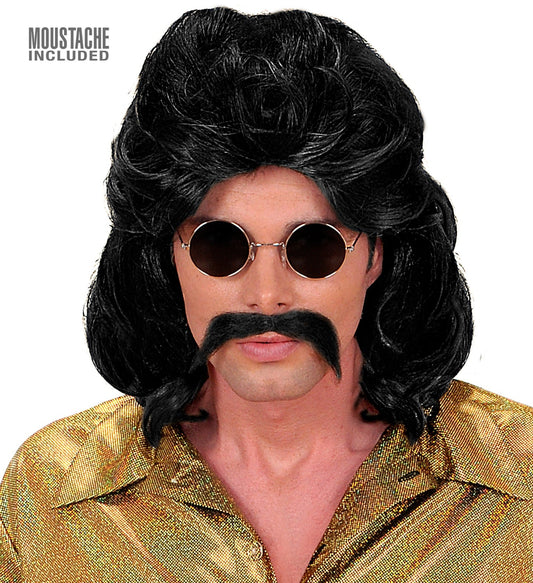 Black 70s disco wig with shoulder-length curls and matching moustache on a man in gold shirt.
