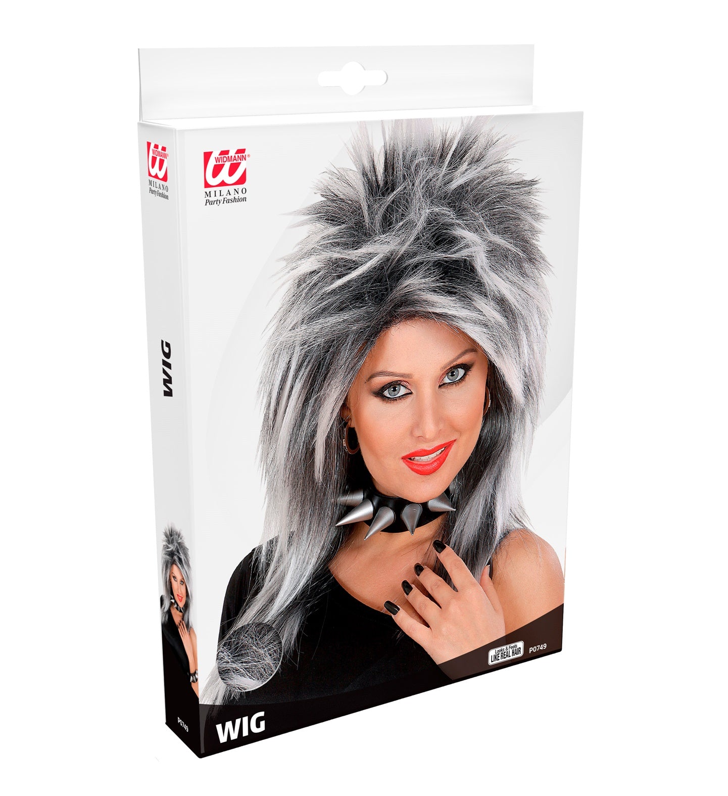 Damenperücke mit langen silber-weißen Haaren im 80er-Rockstar-Stil