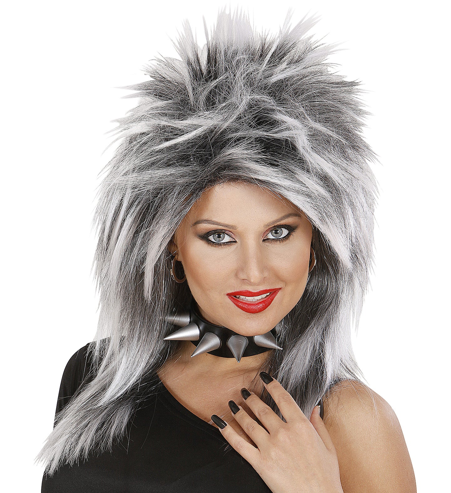 Langhaarige Perücke in Silber-Weiß für Frauen, im 80er-Rockstar-Stil.