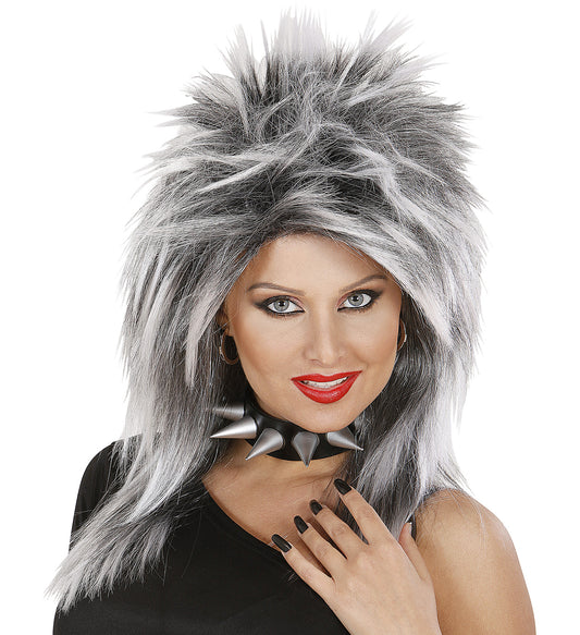 Langhaarige Perücke in Silber-Weiß für Frauen, im 80er-Rockstar-Stil.