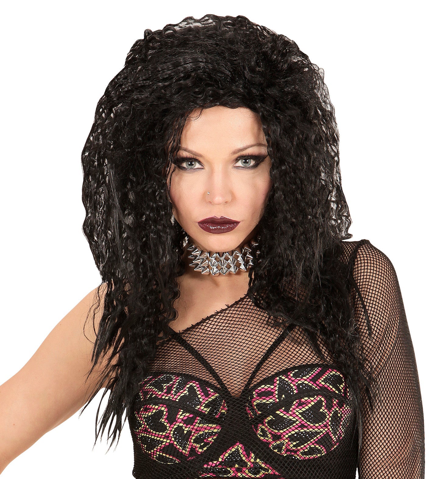 Schwarze, lockige 80er Hard Rock Perücke mit voluminösem Styling für Erwachsene