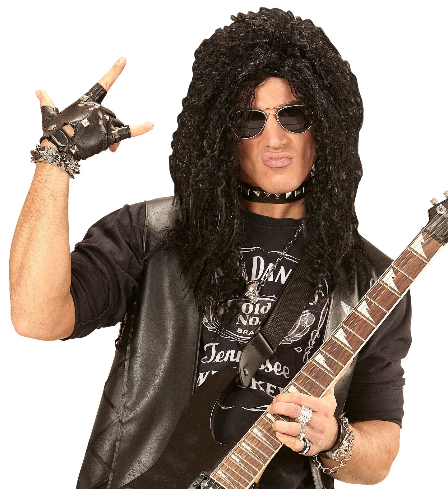 Schwarze, lockige Perücke im 80er-Jahre Hard Rock-Stil für Kostümpartys.