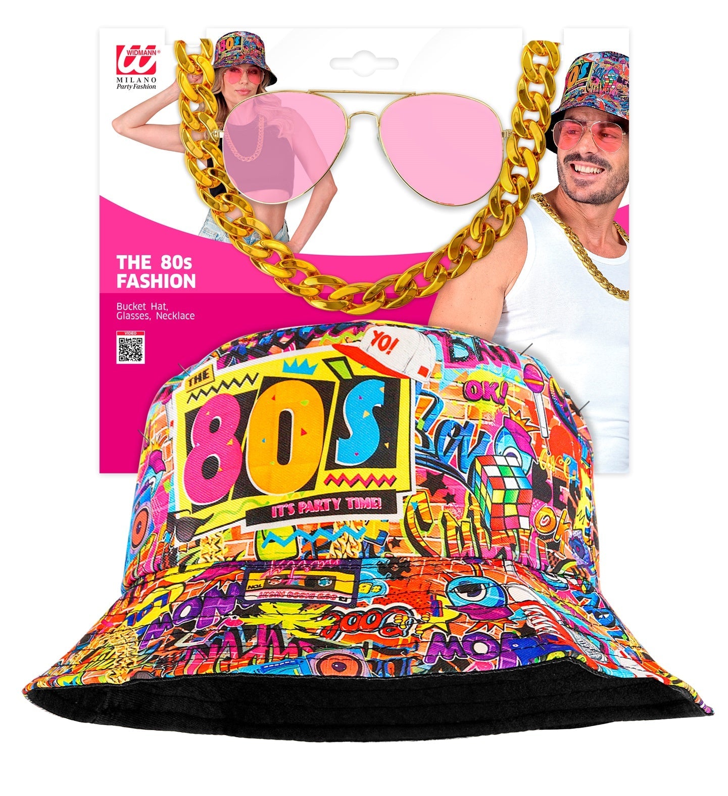 Widmann 80er 90er Hip Hop Kostümset mit Hut, Kette und Sonnenbrille in bunten Farben.