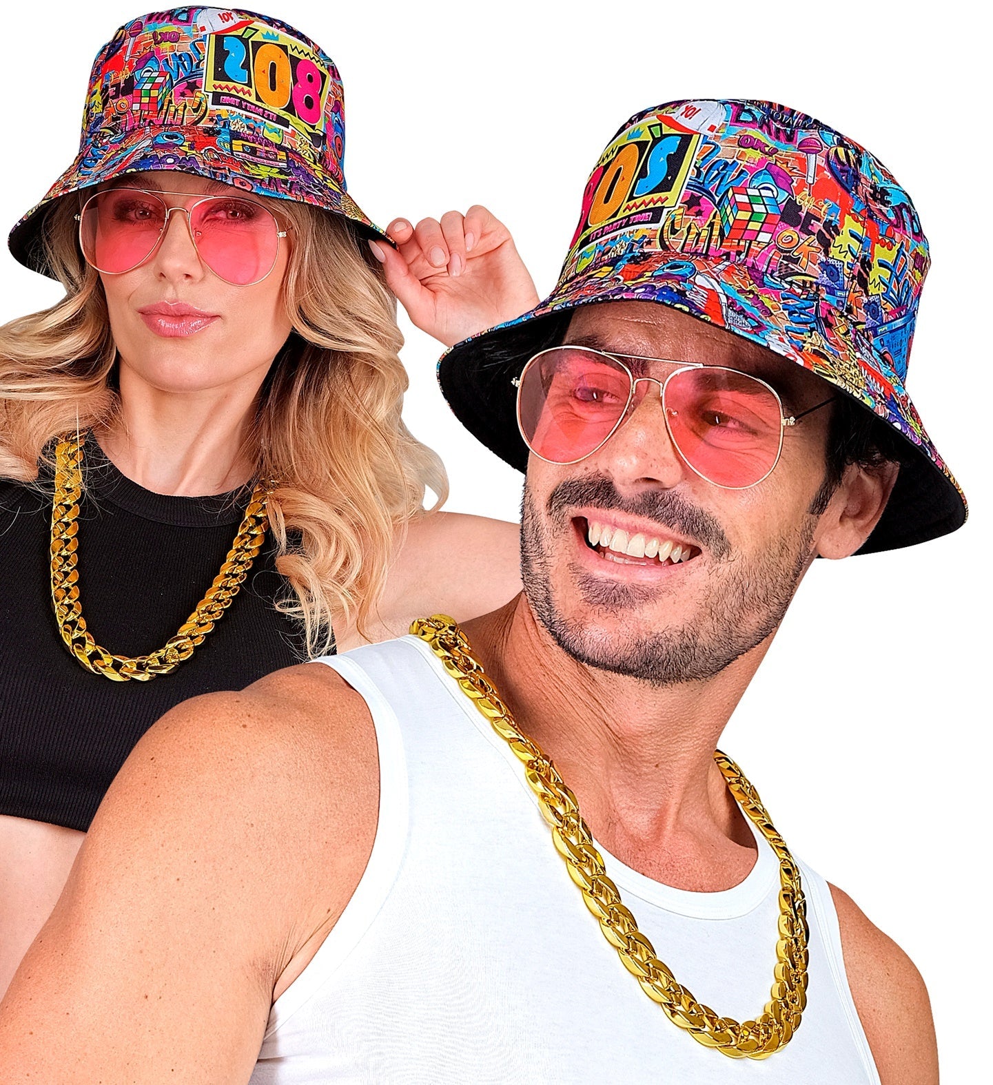 80er 90er Hip Hop Kostümset mit schwarzem Snapback, goldener Kette und dunkler Sonnenbrille