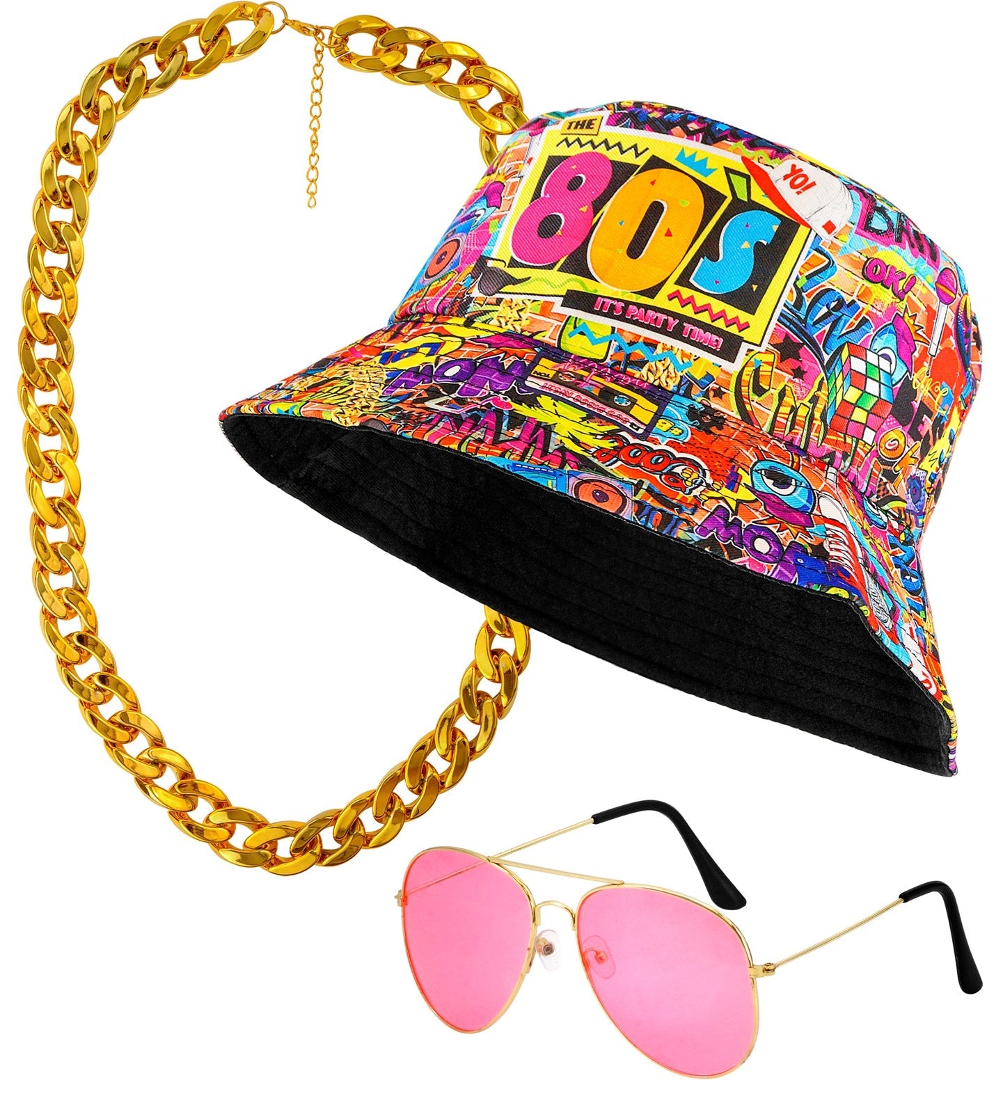 80er Jahre Hip-Hop Kostümset mit schwarzem Snapback, goldener Kette und dunkler Sonnenbrille