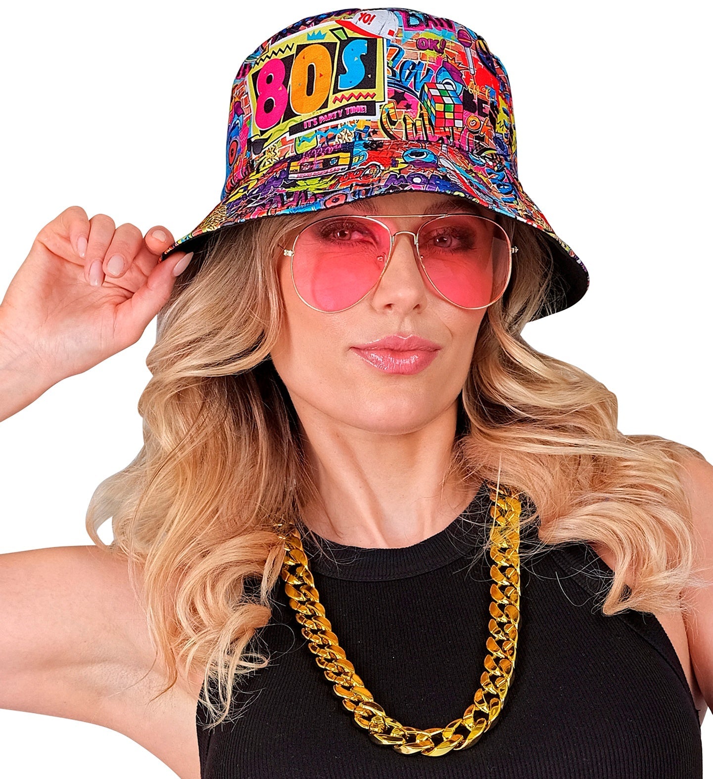 Widmann 80er 90er Hip Hop Kostümset mit Hut, Kette und Sonnenbrille in bunten Farben.