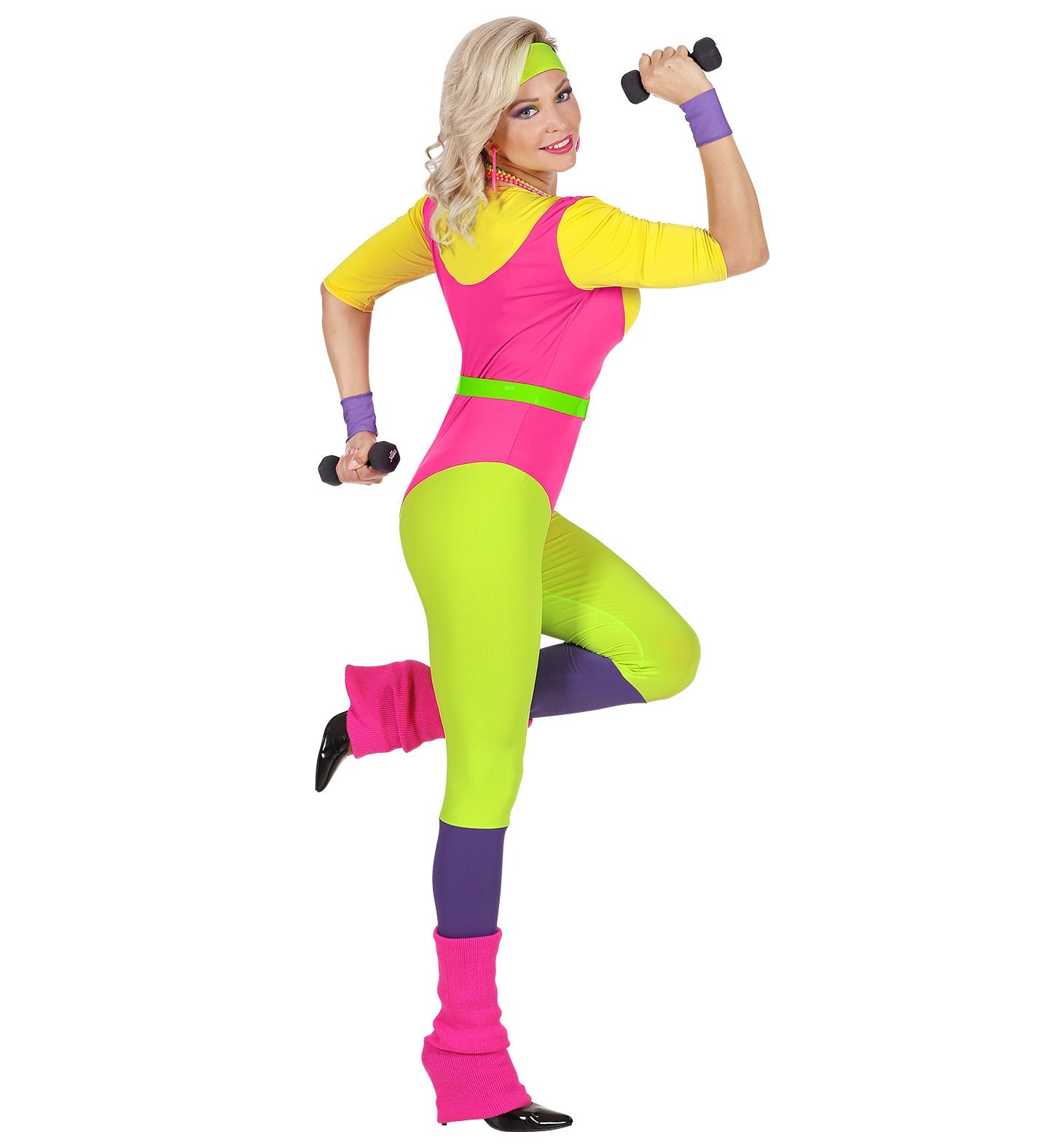 Woman in neon 80s aerobic outfit with yellow top, pink pants, belt, headband, wristbands, and dumbbells.