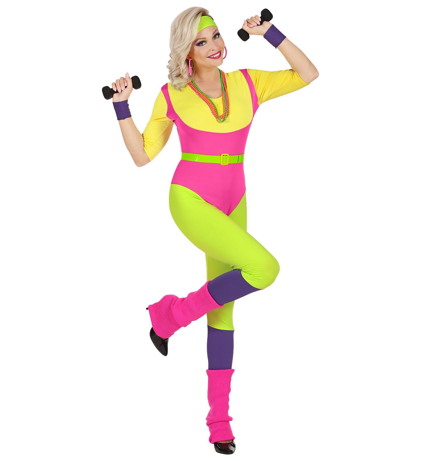 Woman in 80s neon aerobic outfit posing with dumbbells, featuring pink top, green pants, belt, and leg warmers.