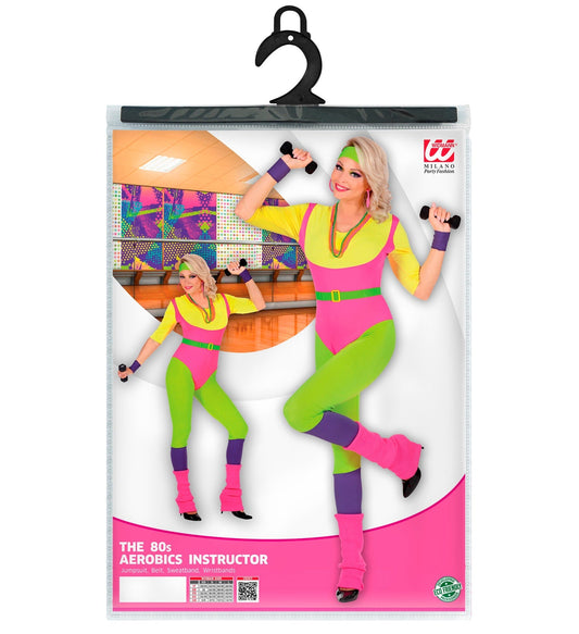 Retro 80s aerobic instructor costume with neon green and yellow leotard, belt, and accessories on package.