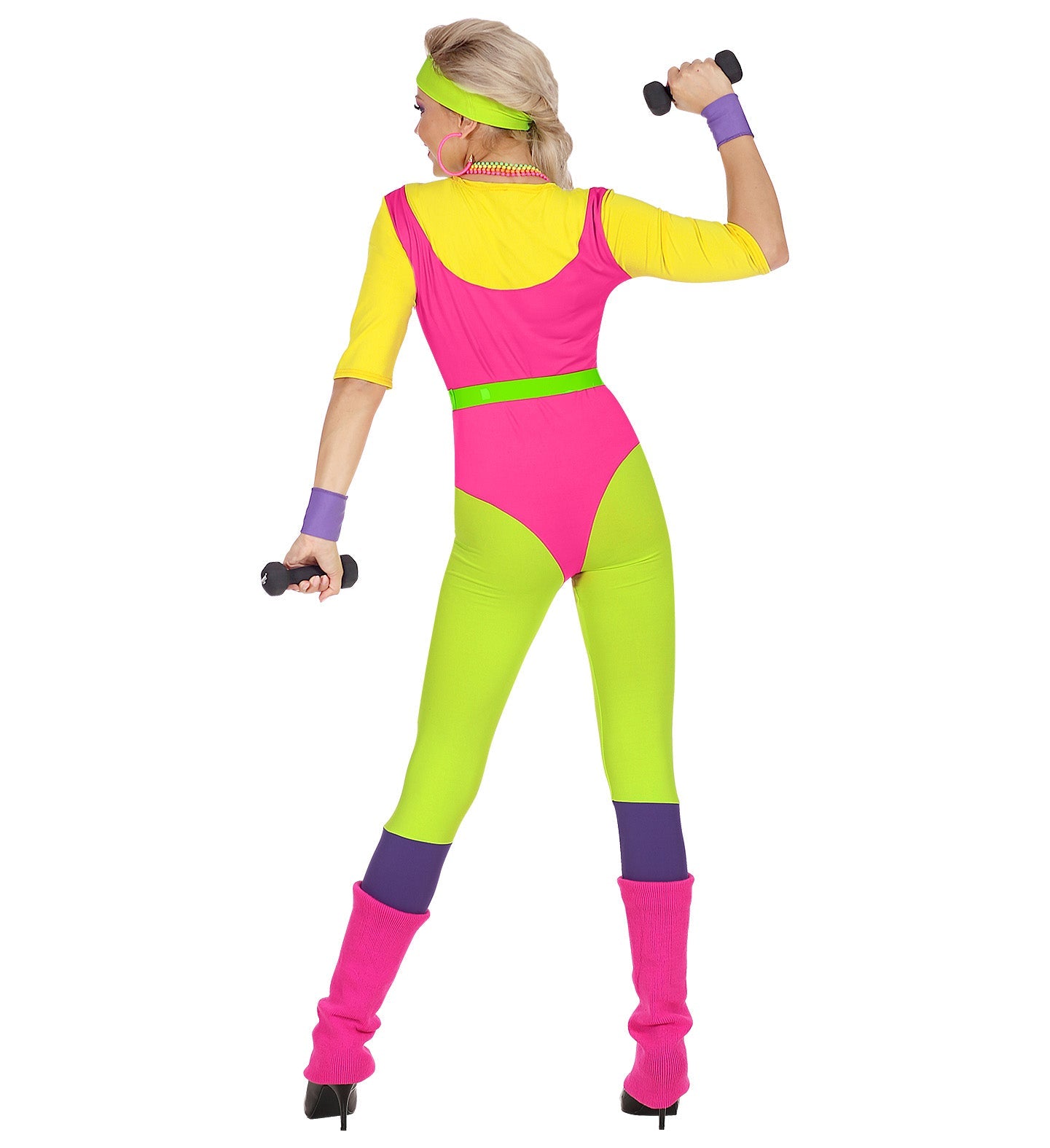 Rear view of woman in 80s neon aerobic outfit holding dumbbells.
