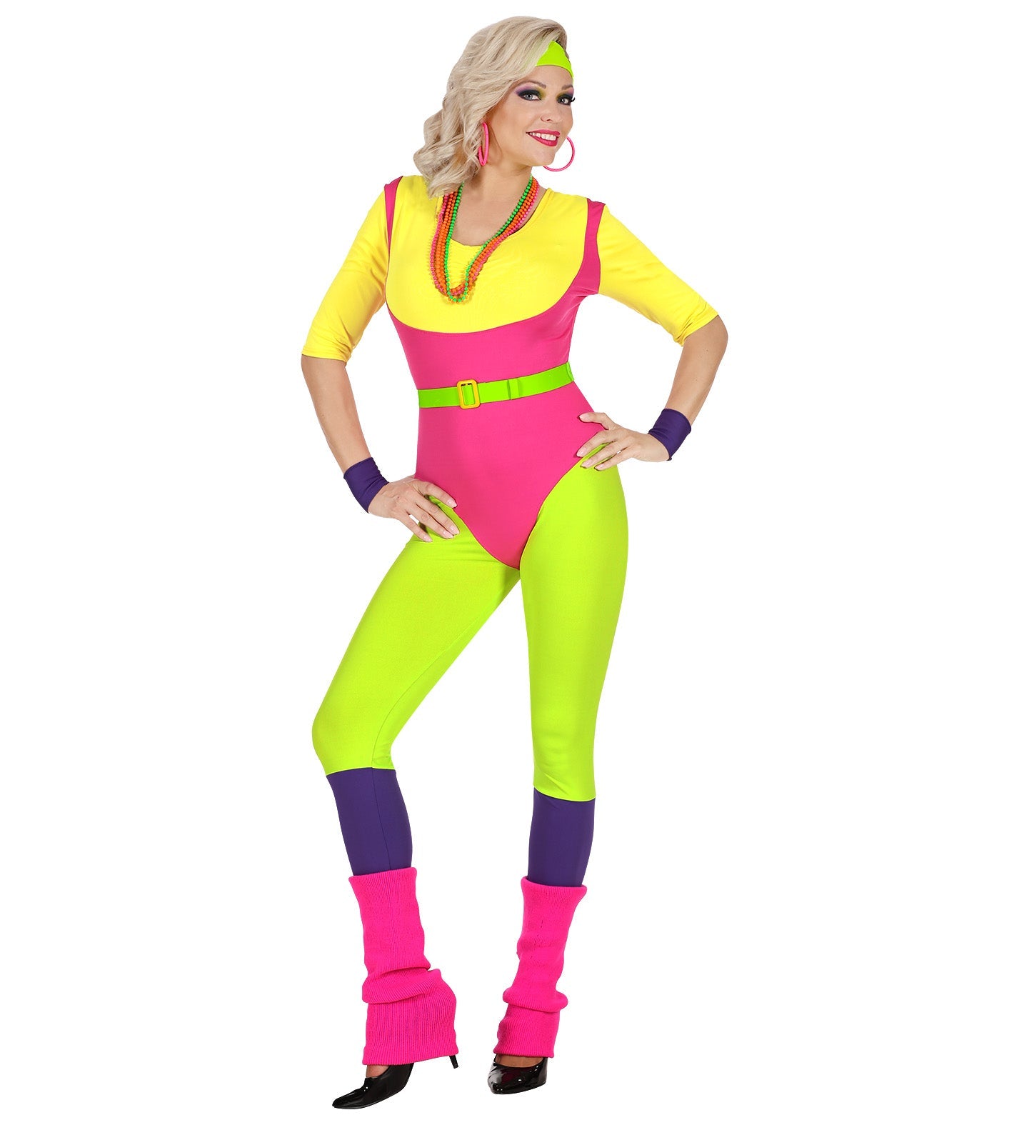 Woman in neon yellow, pink, and green 80s aerobic jumpsuit with belt, headband, and leg warmers.
