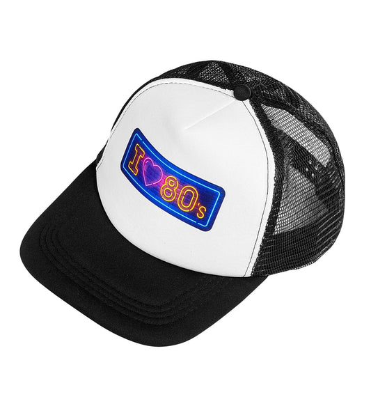 White trucker hat with black mesh back and neon "I Love 80's" embroidered patch.