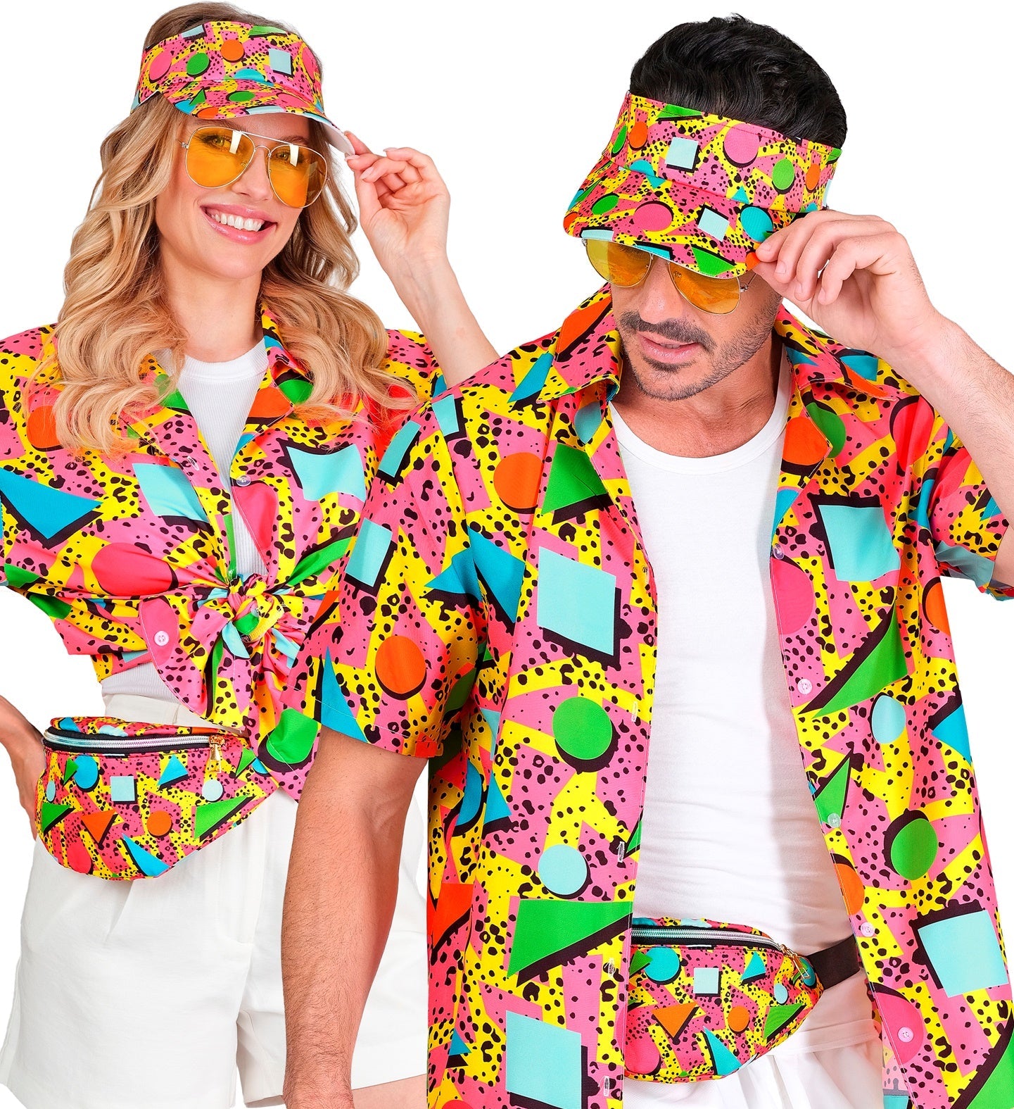 Neonfarbene Gürteltasche und Schirmmütze im 80er-Jahre-Stil mit Cube-Muster.