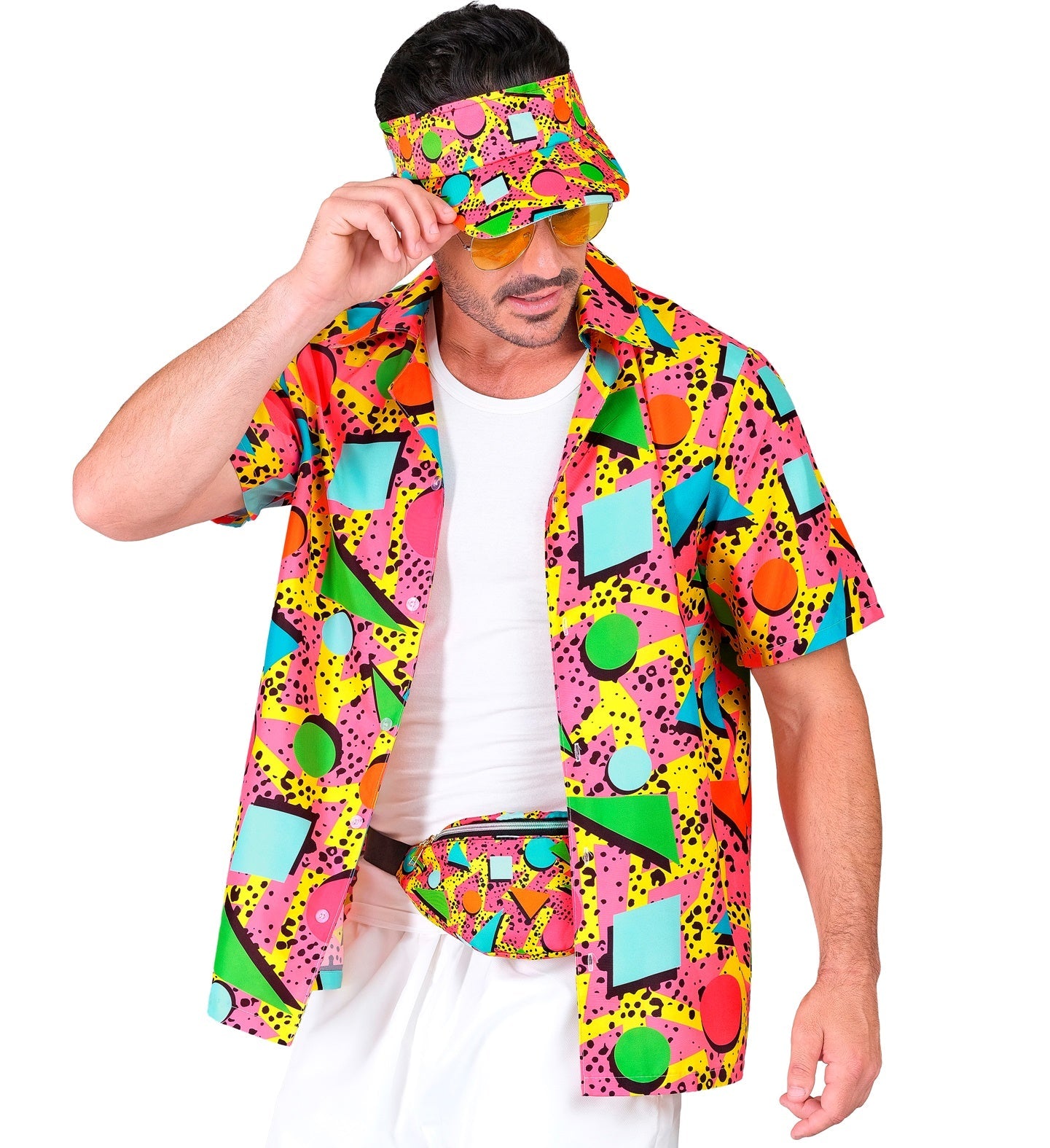 Herrenhemd mit neonfarbenem geometrischem 80er Jahre Muster und lockerem Schnitt aus Baumwolle