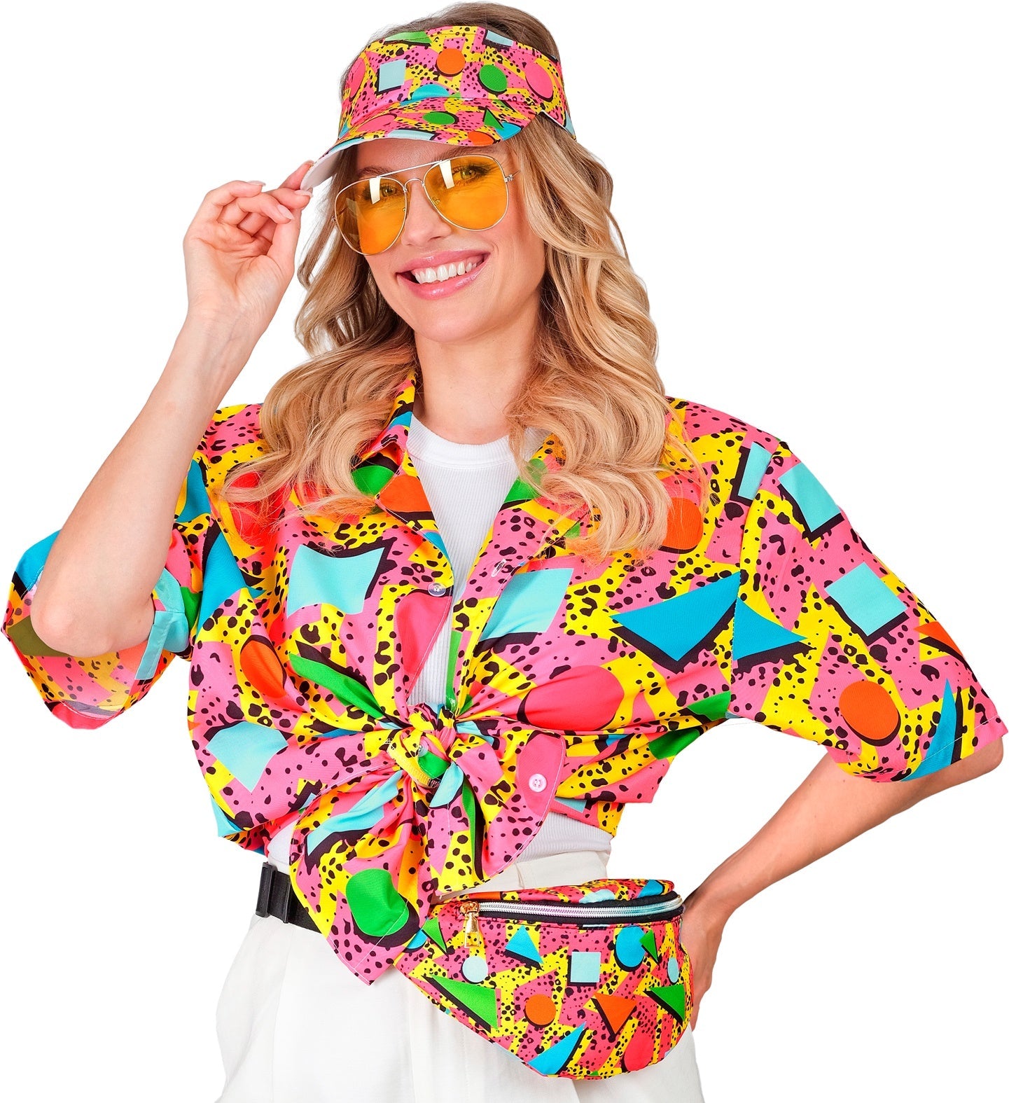 Neonfarbenes Herrenhemd mit geometrischem Muster im Retro-Stil der 80er Jahre.