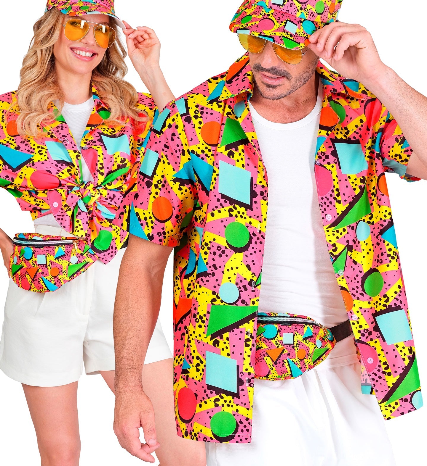 Neonfarbenes Herrenhemd mit geometrischem Muster im Retro-Stil der 80er Jahre.