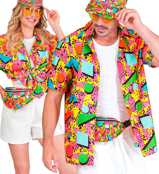 Neonfarbenes Herrenhemd mit geometrischem Muster im Retro-Stil der 80er Jahre.