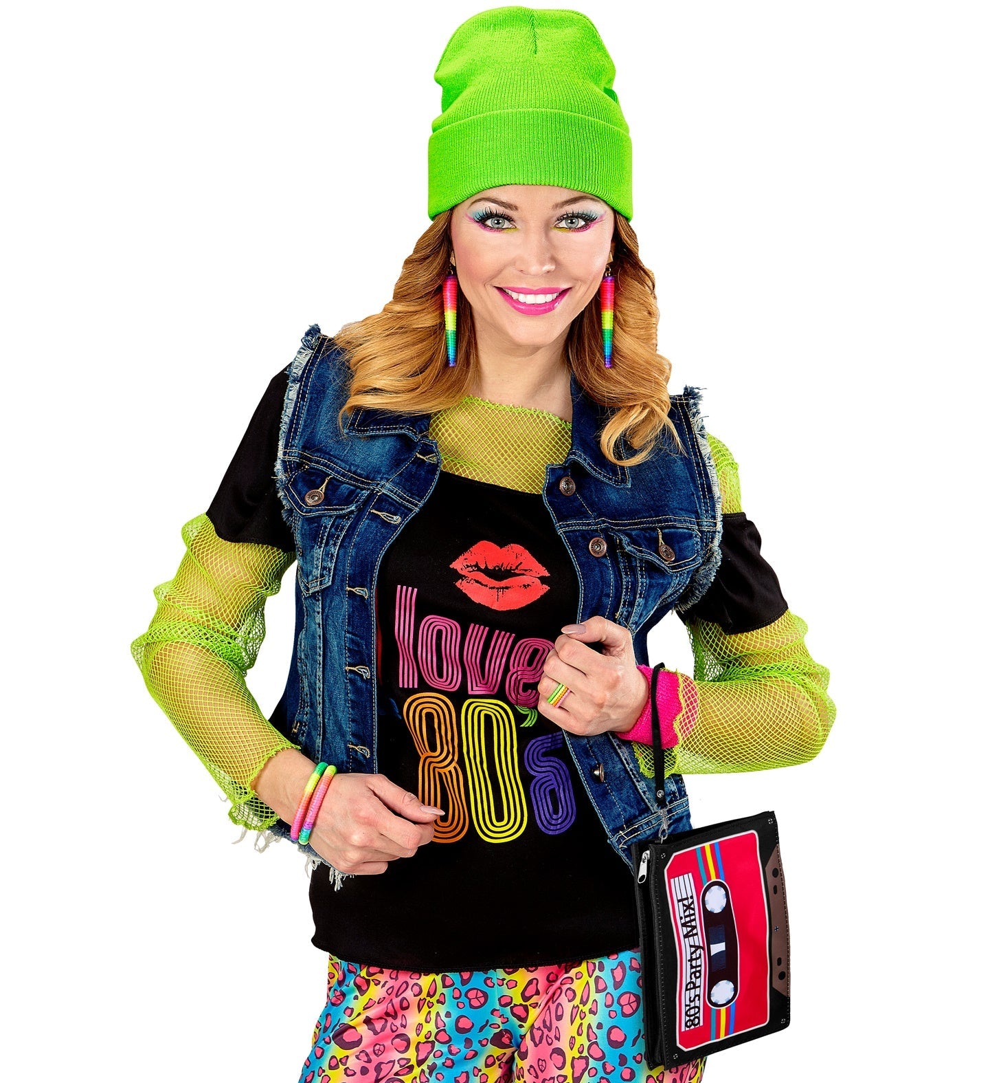 Retro 80er-Kassetten-Handtasche aus Kunststoff mit Schultergurt und Reißverschluss.