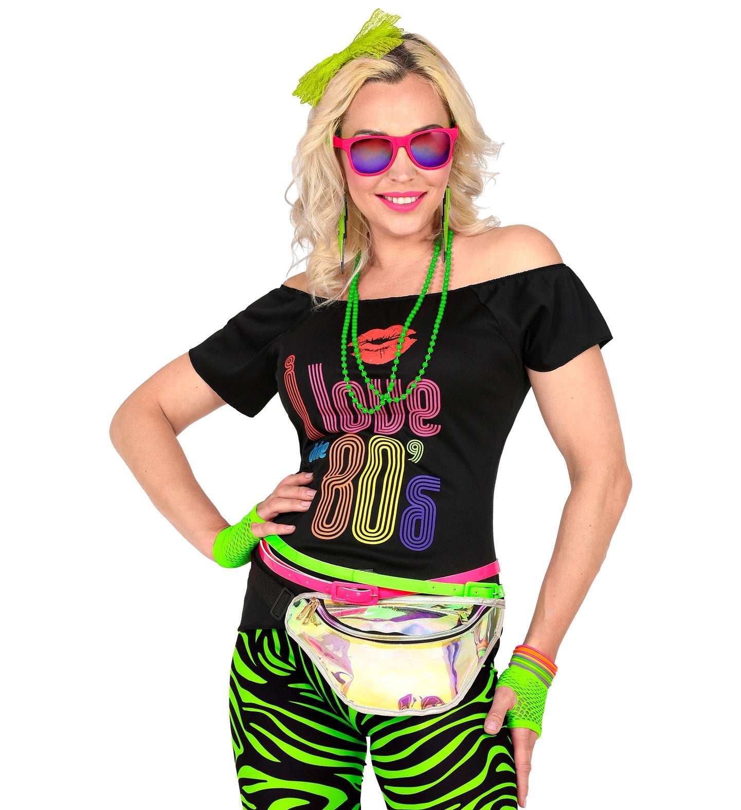 Neon grünes 80er Jahre Kostüm-Set mit Haarreif, Handschuhen und Schmuck.