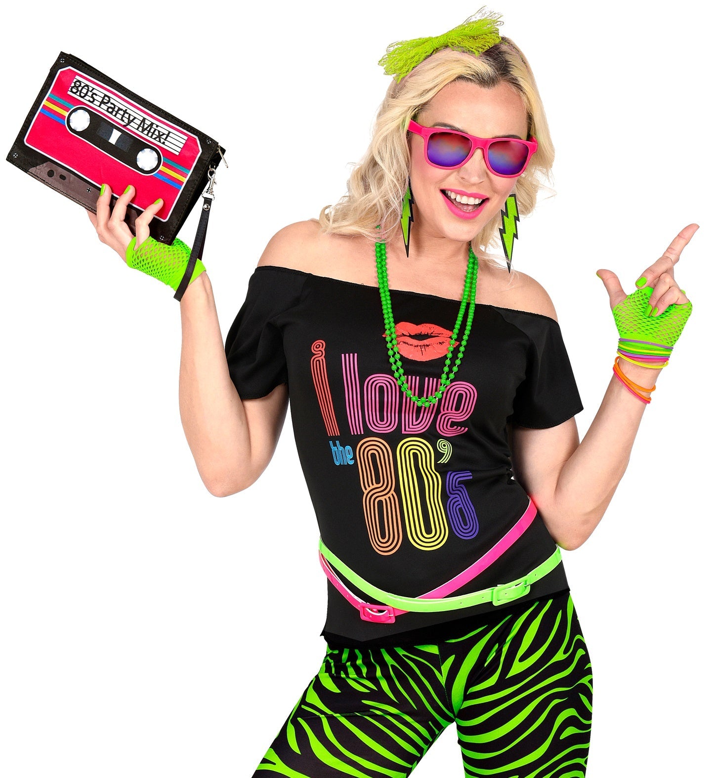 Neon-grünes 80er Jahre Kostüm-Set mit Haarreif, fingerlosen Handschuhen und buntem Schmuck