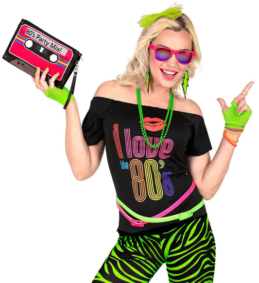 Neon-grünes 80er Jahre Kostüm-Set mit Haarreif, fingerlosen Handschuhen und buntem Schmuck