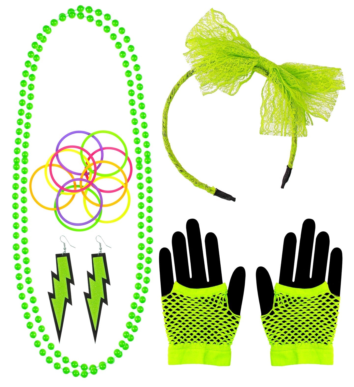 Neon grünes 80er Jahre Kostüm-Set mit Haarreif, Handschuhen und Schmuck.
