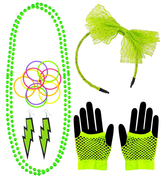 Neon grünes 80er Jahre Kostüm-Set mit Haarreif, Handschuhen und Schmuck.