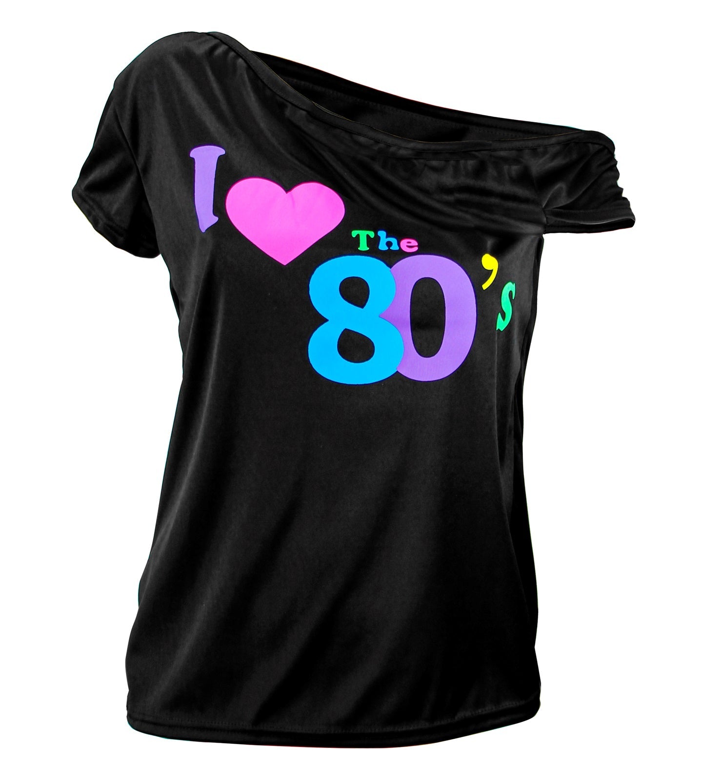Black off-shoulder cotton T-shirt with neon "I Love The 80's" print.