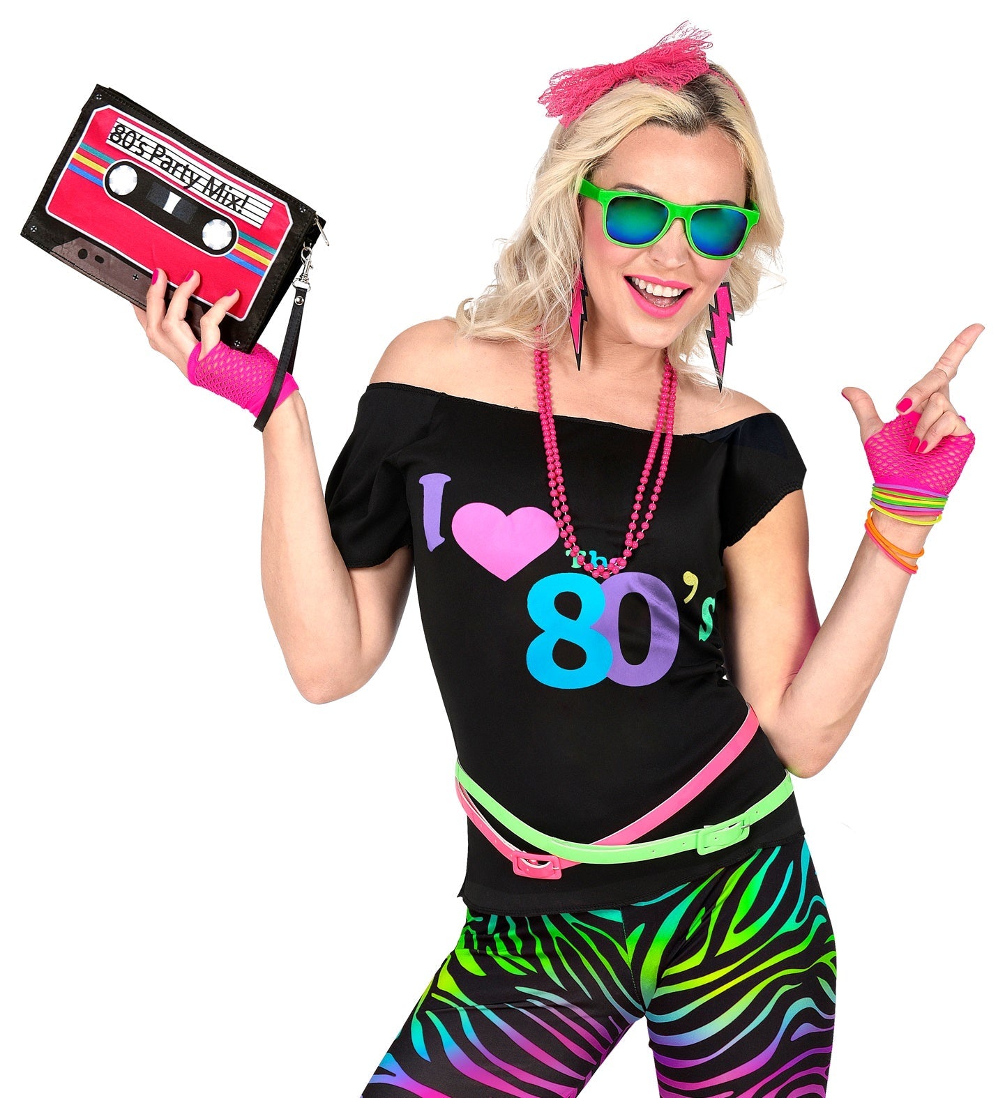 Woman modeling neon I Love 80s T-shirt with off-shoulder style and vibrant print.
