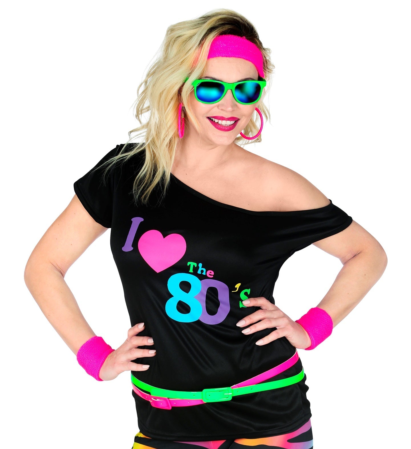 Black off-shoulder cotton T-shirt with neon "I Love the 80s" print.