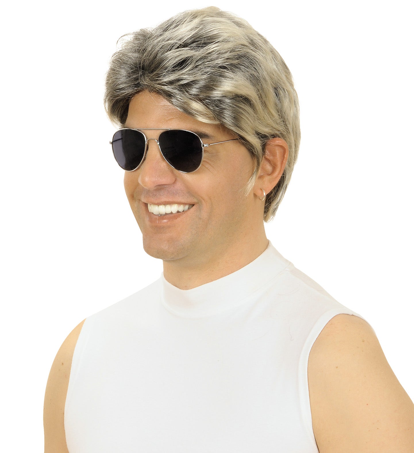 Schwarze, voluminöse 80er Jahre Perücke mit lockigen Kunsthaaren für Herren.