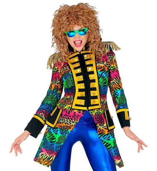 Widmann Damen Regenbogen Frack mit 80er Neon-Style Jackett, lockigem Haar und blauen Leggings.
