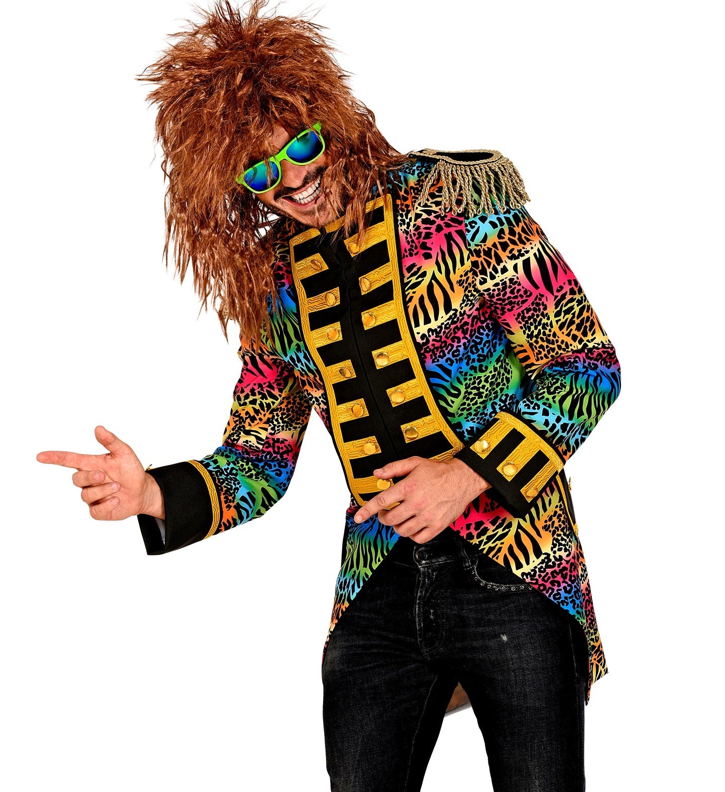 Men's 80s rainbow tailcoat with neon parade jacket, featuring colorful satin lapels and fringed shoulders.
