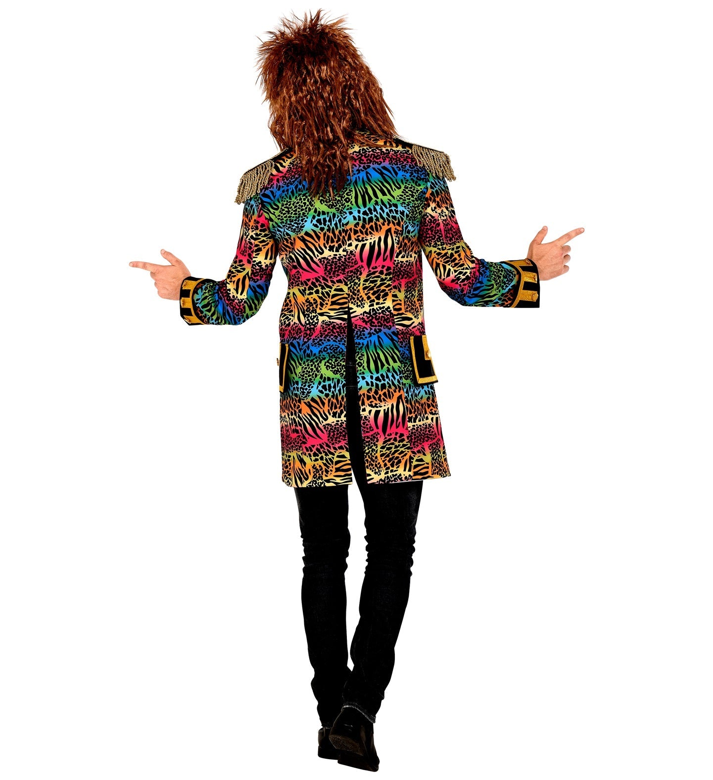 Rear view of a man's colorful 80s rainbow tailcoat with neon patterns and epaulets.